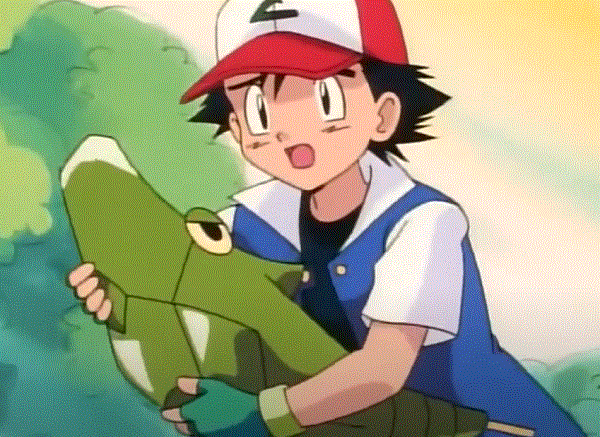 Ash running with Metapod in his arms.